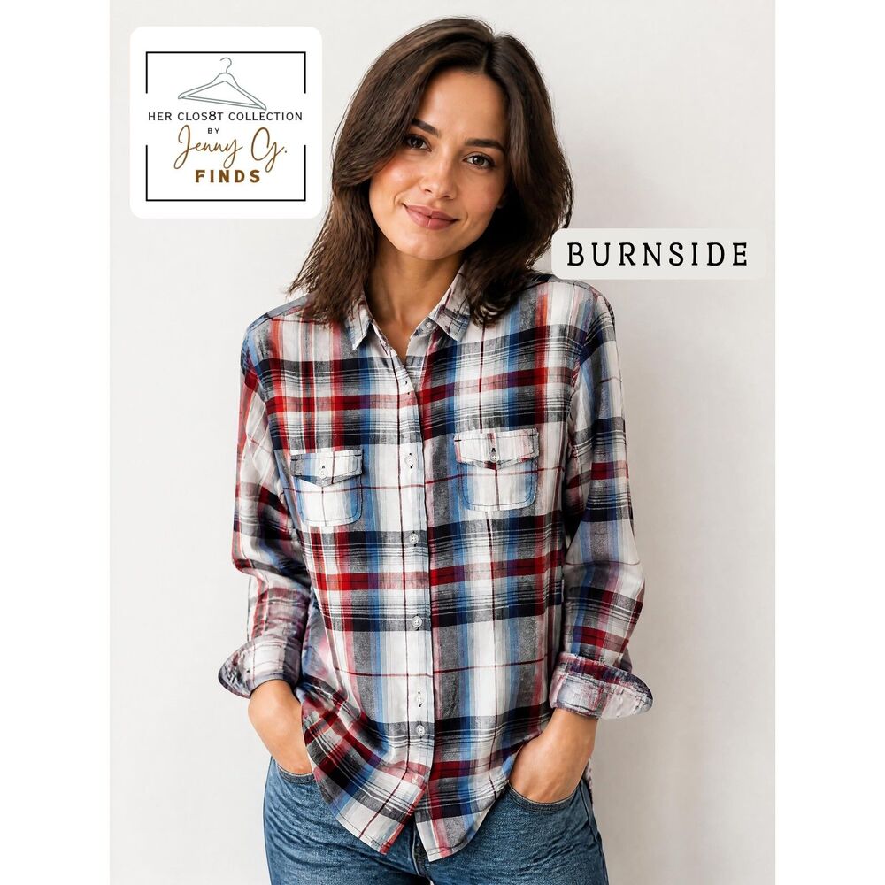 Burnside Plaid Flannel Red Blue Grey Lightweight Women's Button Shirt Size L